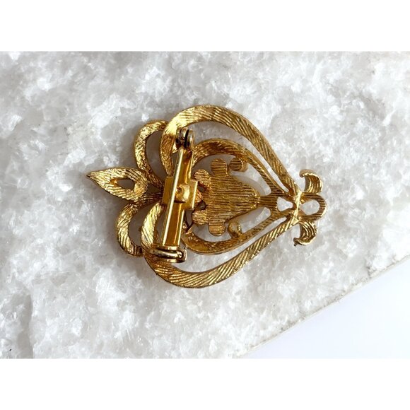 Gold Toned Textured Abstract Art Nouveau Inspired & Pearl Vintage Brooch - Picture 3 of 9